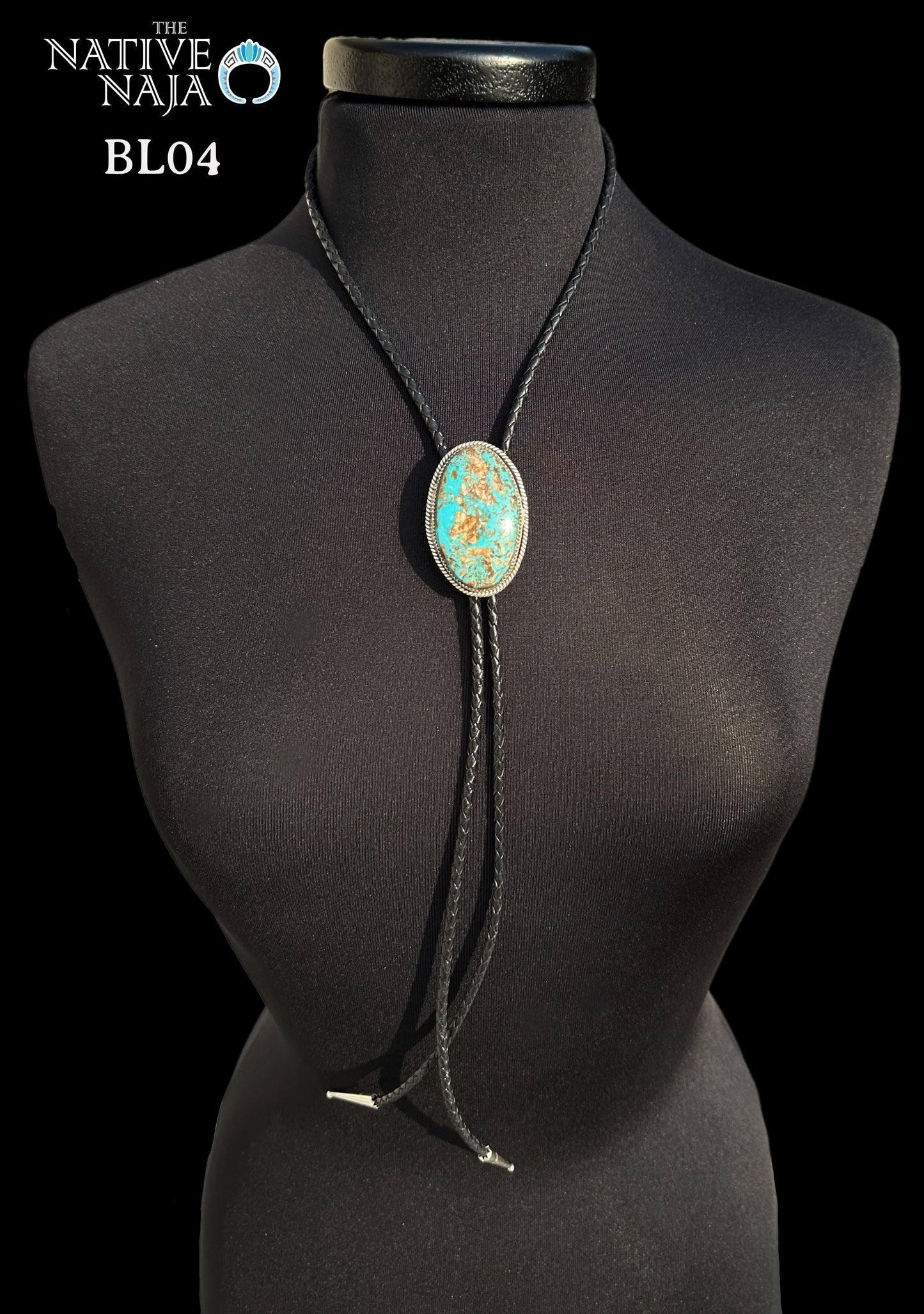 Navajo Benny Benally Sterling Silver & Royston Turquoise Braided Leather Bolo Tie BL04