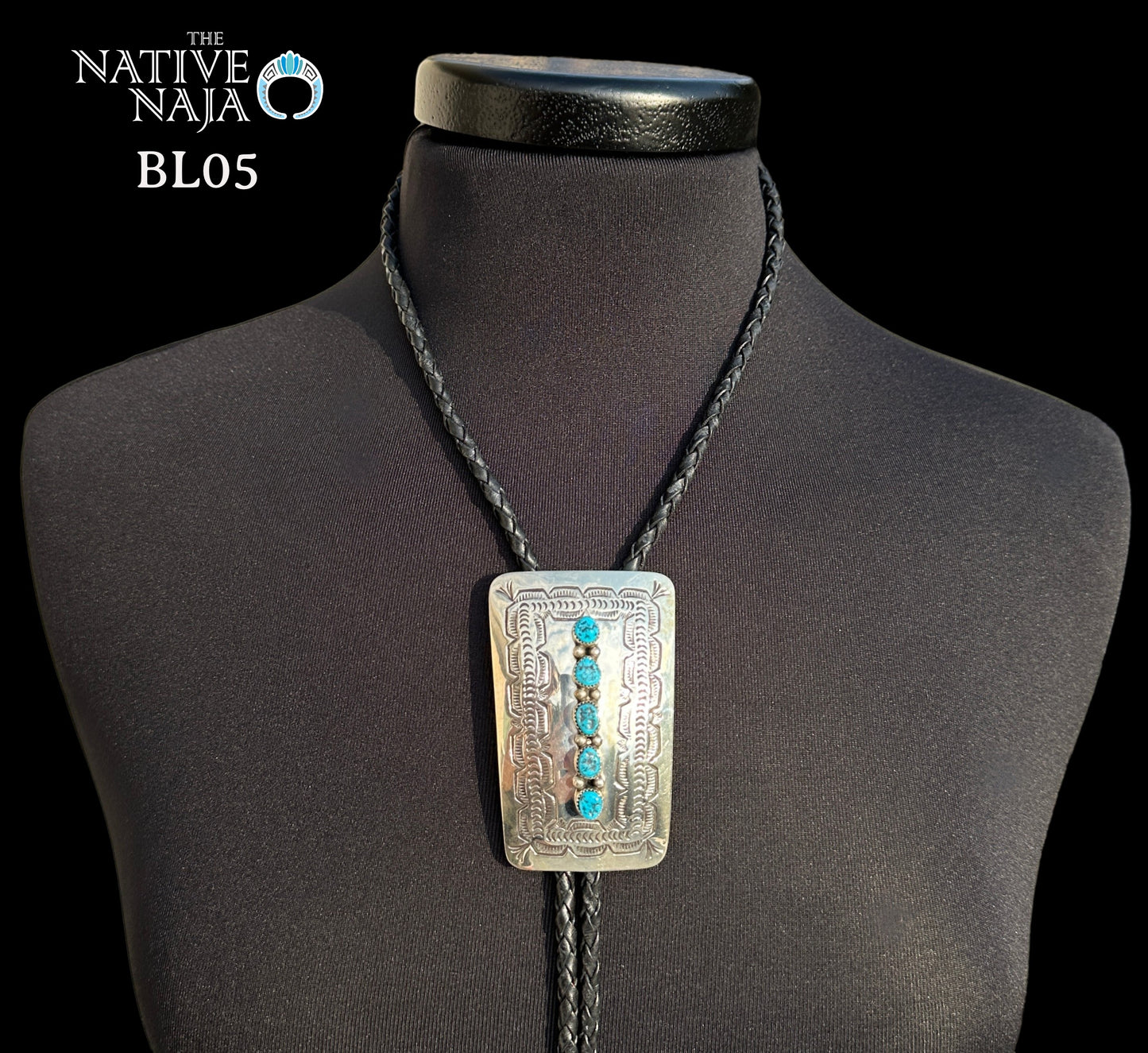 Large Navajo JoAnn Begay Sterling Silver & Kingman Turquoise Braided Leather Bolo Tie BL05