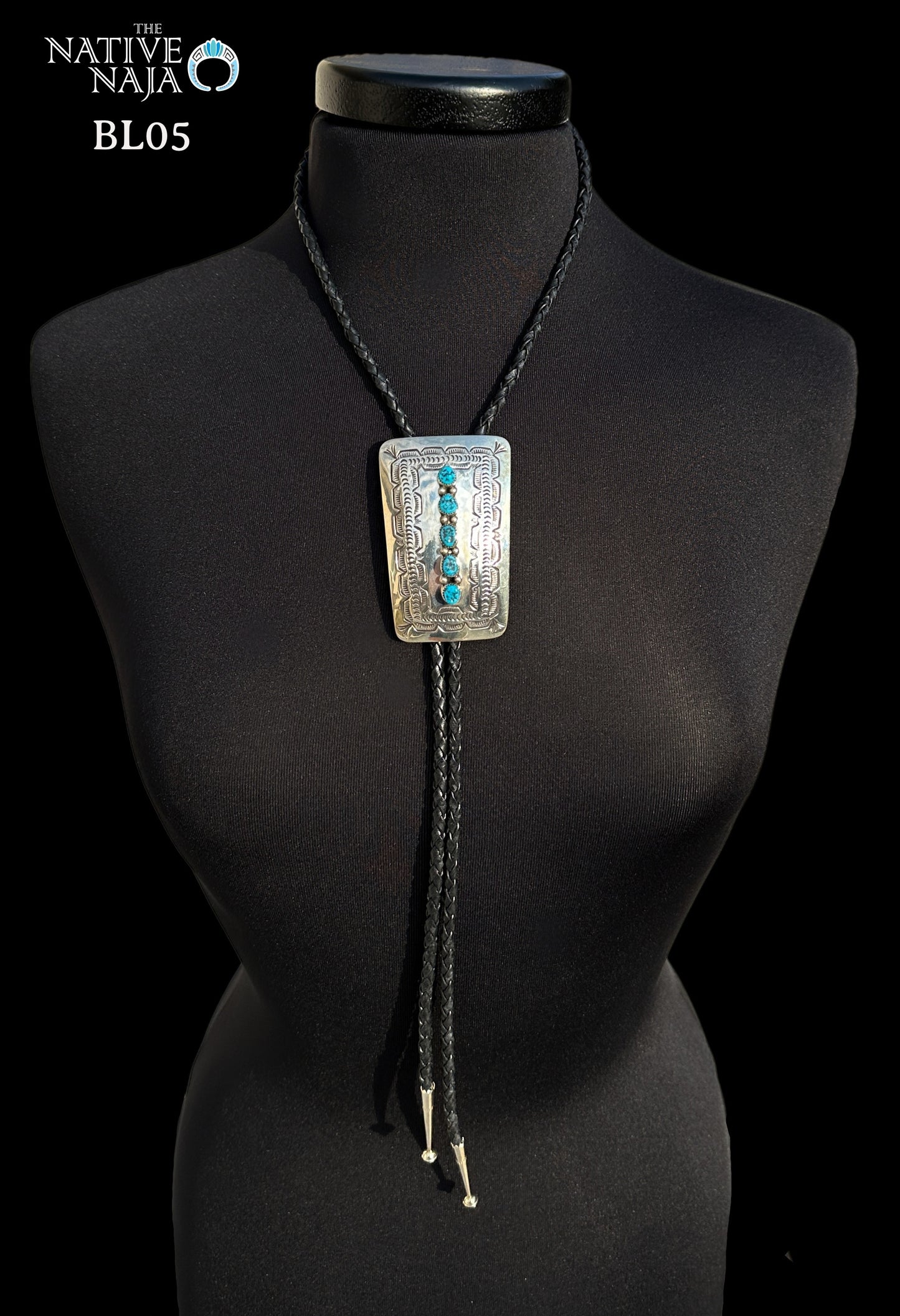 Large Navajo JoAnn Begay Sterling Silver & Kingman Turquoise Braided Leather Bolo Tie BL05