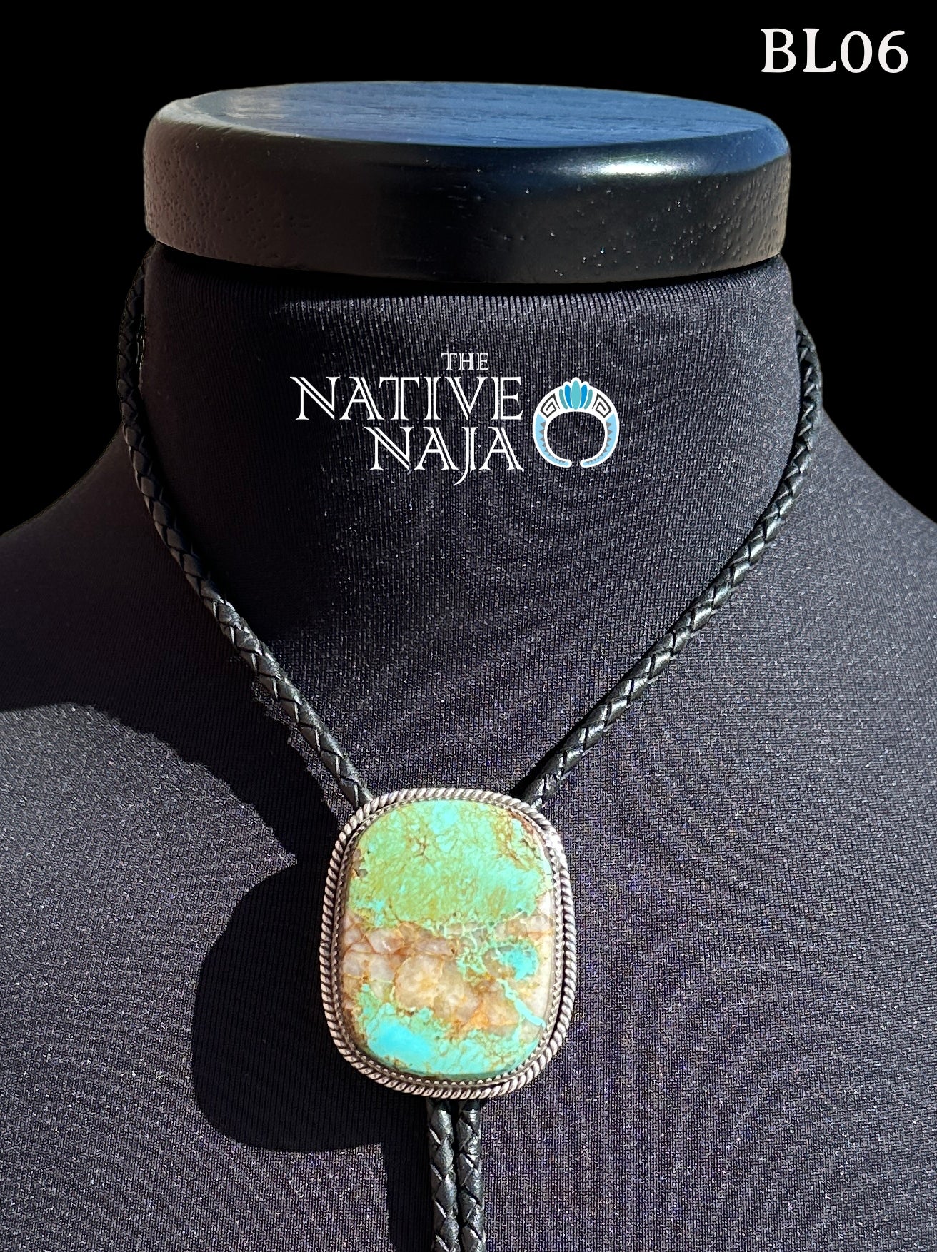 Navajo Benny Benally Sterling Silver & Royston Turquoise Braided Leather Bolo Tie BL06