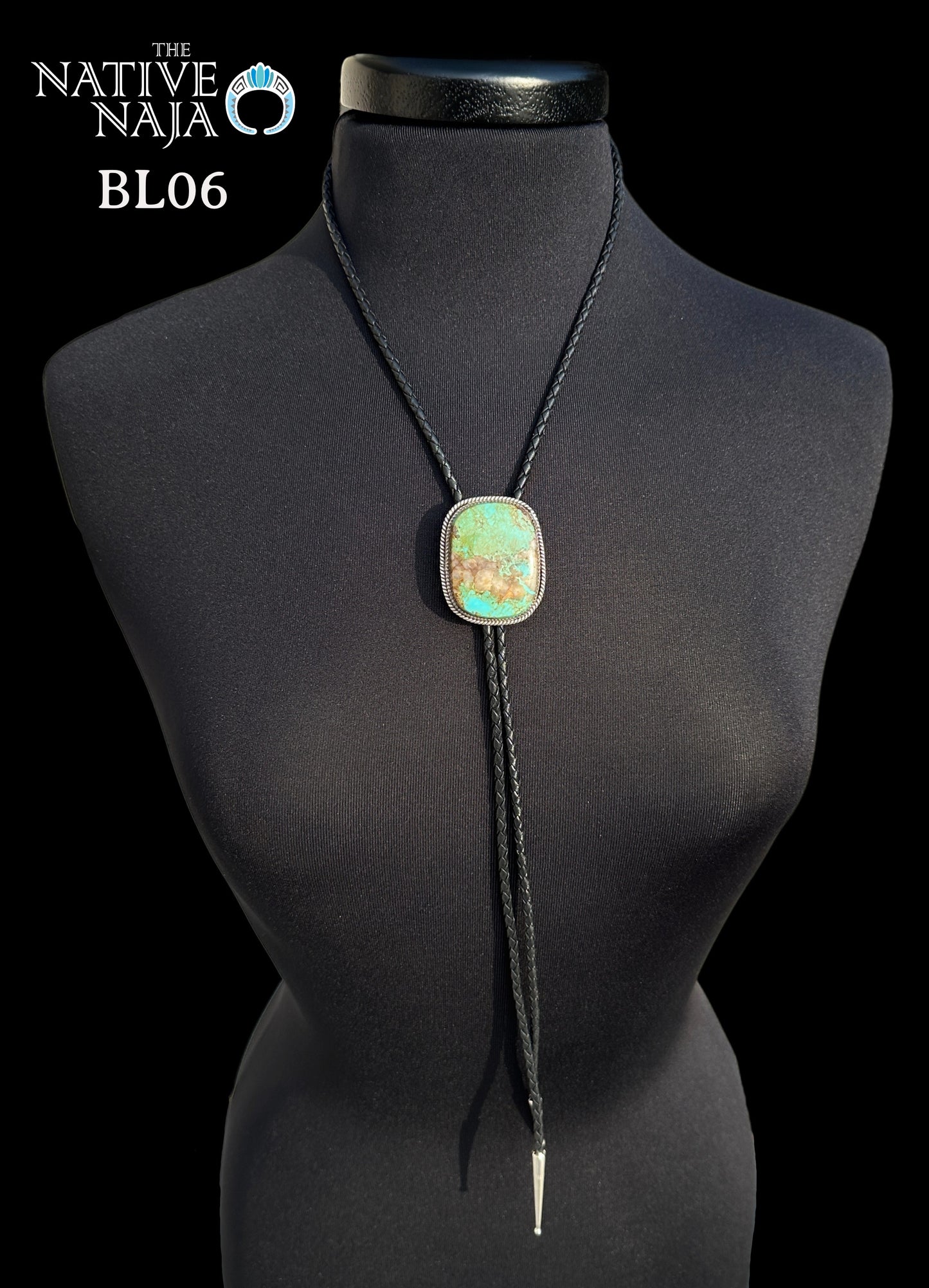 Navajo Benny Benally Sterling Silver & Royston Turquoise Braided Leather Bolo Tie BL06