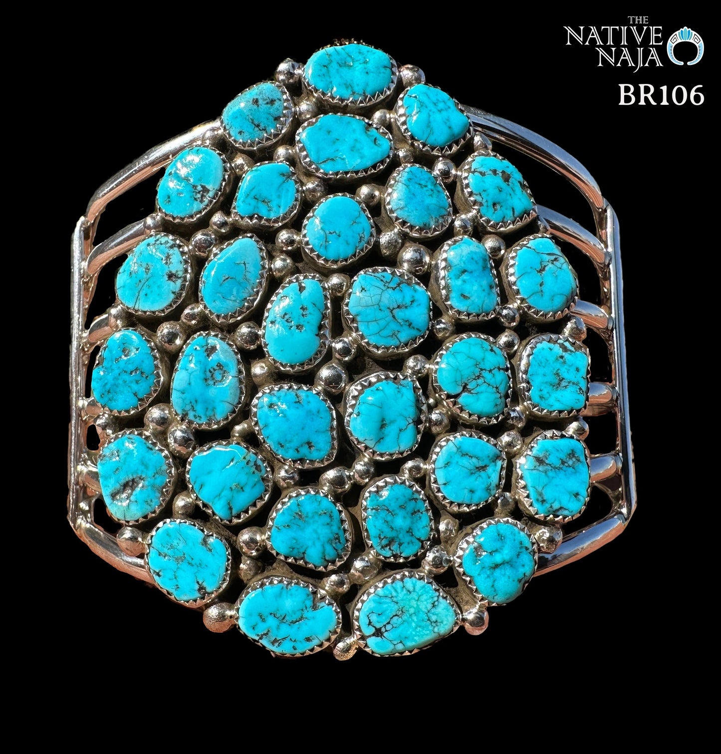 Navajo Marlene Haley Sterling Silver & Kingman Turquoise Cluster Cuff Bracelet BR106