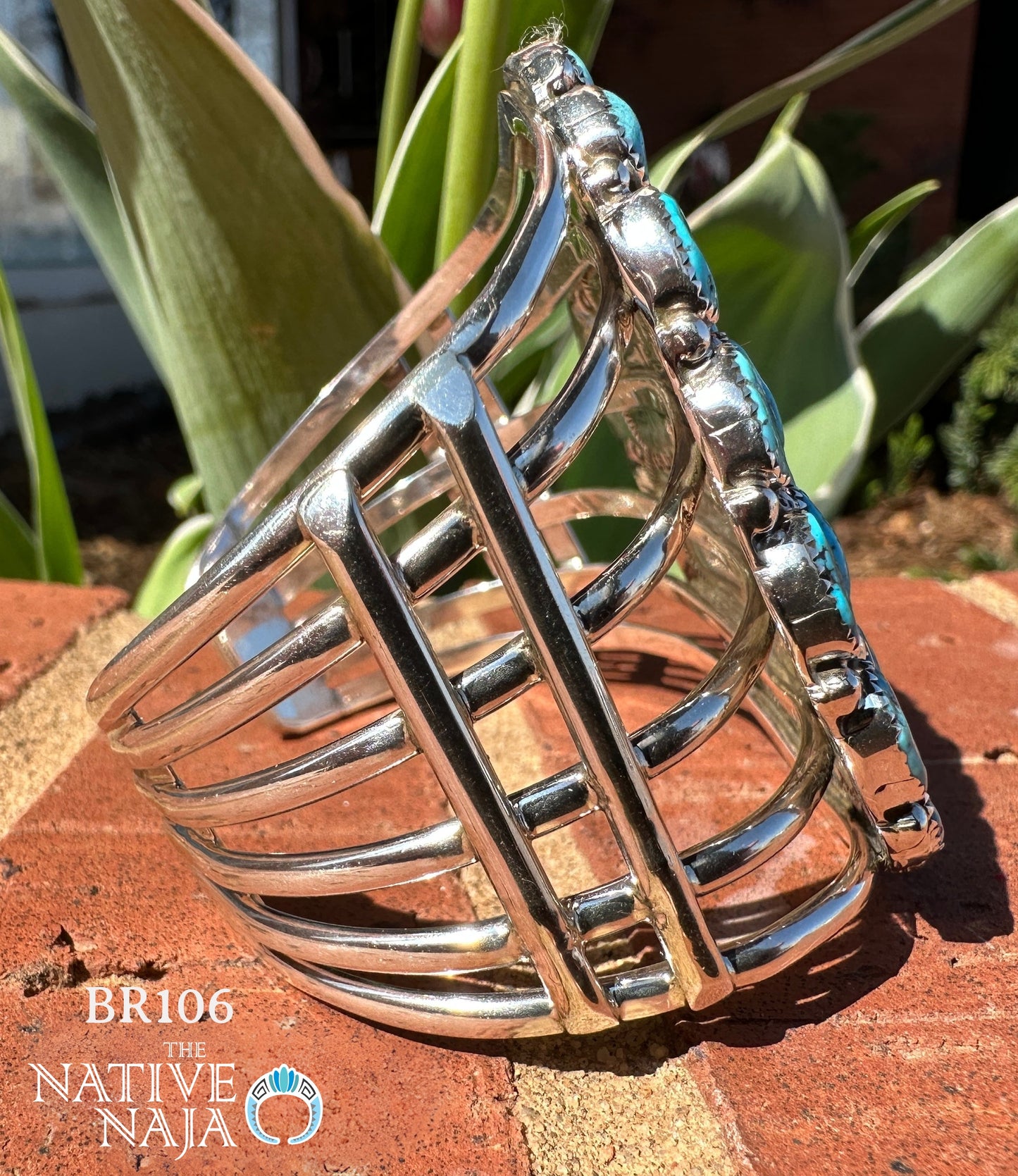 Navajo Marlene Haley Sterling Silver & Kingman Turquoise Cluster Cuff Bracelet BR106
