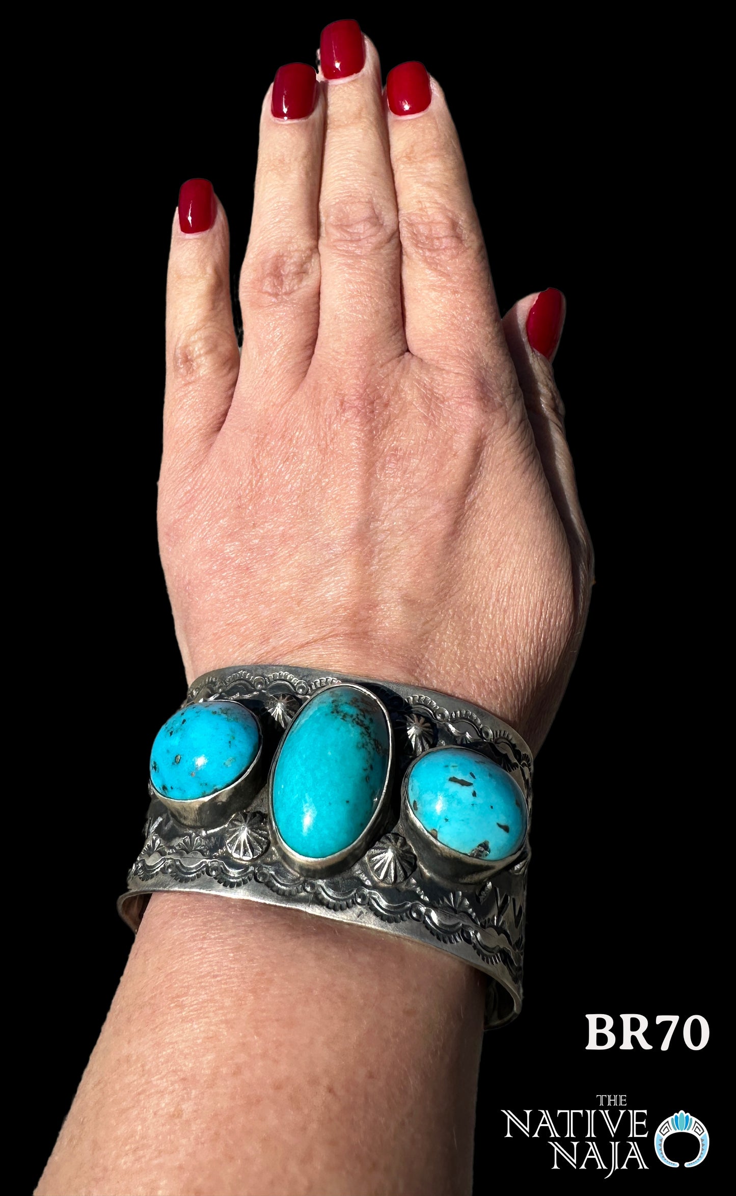 Navajo Chimney Butte LRG 3 Stone Kingman Turquoise & Sterling Silver Cuff Bracelet BR70