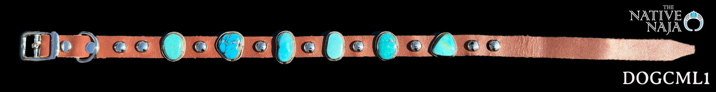 Navajo Daniel Martinez Sterling Silver & Kingman Turquoise Concho Dog Collar SZ M/L DOGCML1