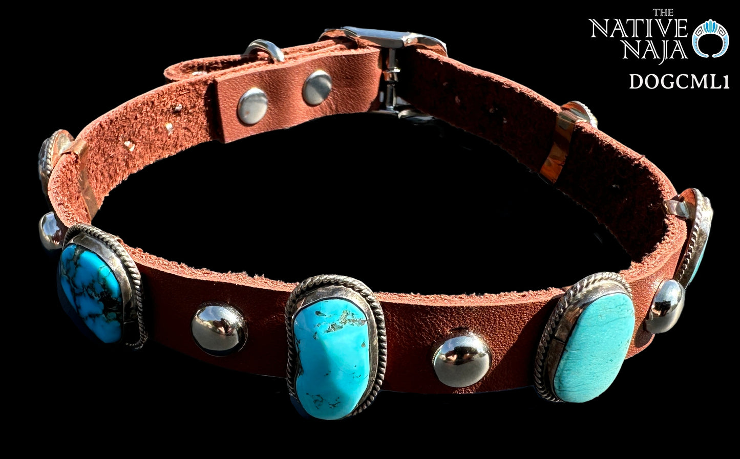 Navajo Daniel Martinez Sterling Silver & Kingman Turquoise Concho Dog Collar SZ M/L DOGCML1