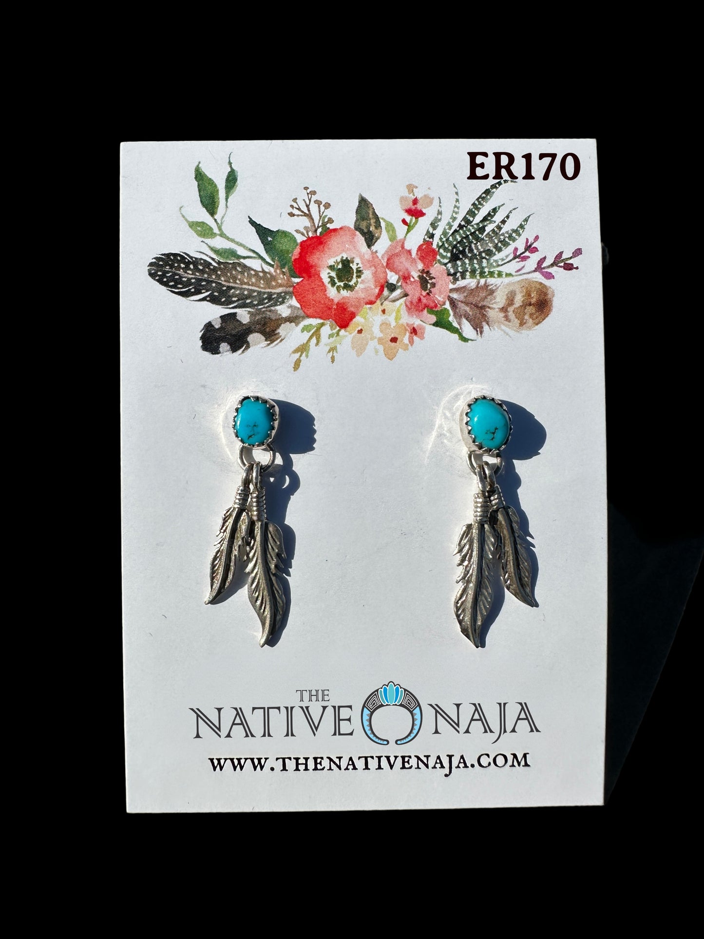 Dainty Signed Sterling Silver & Kingman Turquoise Feather Post Earrings ER170