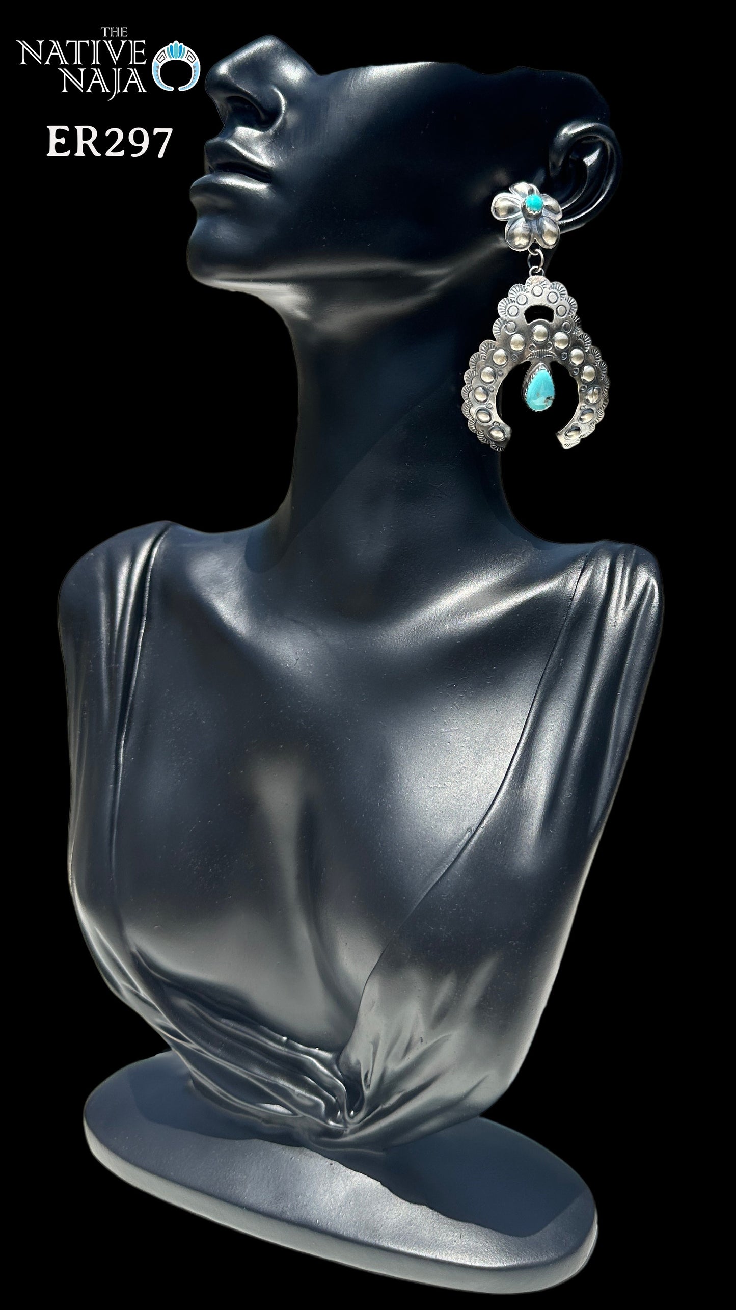Navajo Gabrielle Yazzie Kingman Turquoise & Sterling Silver Floral Post Naja Earrings ER297