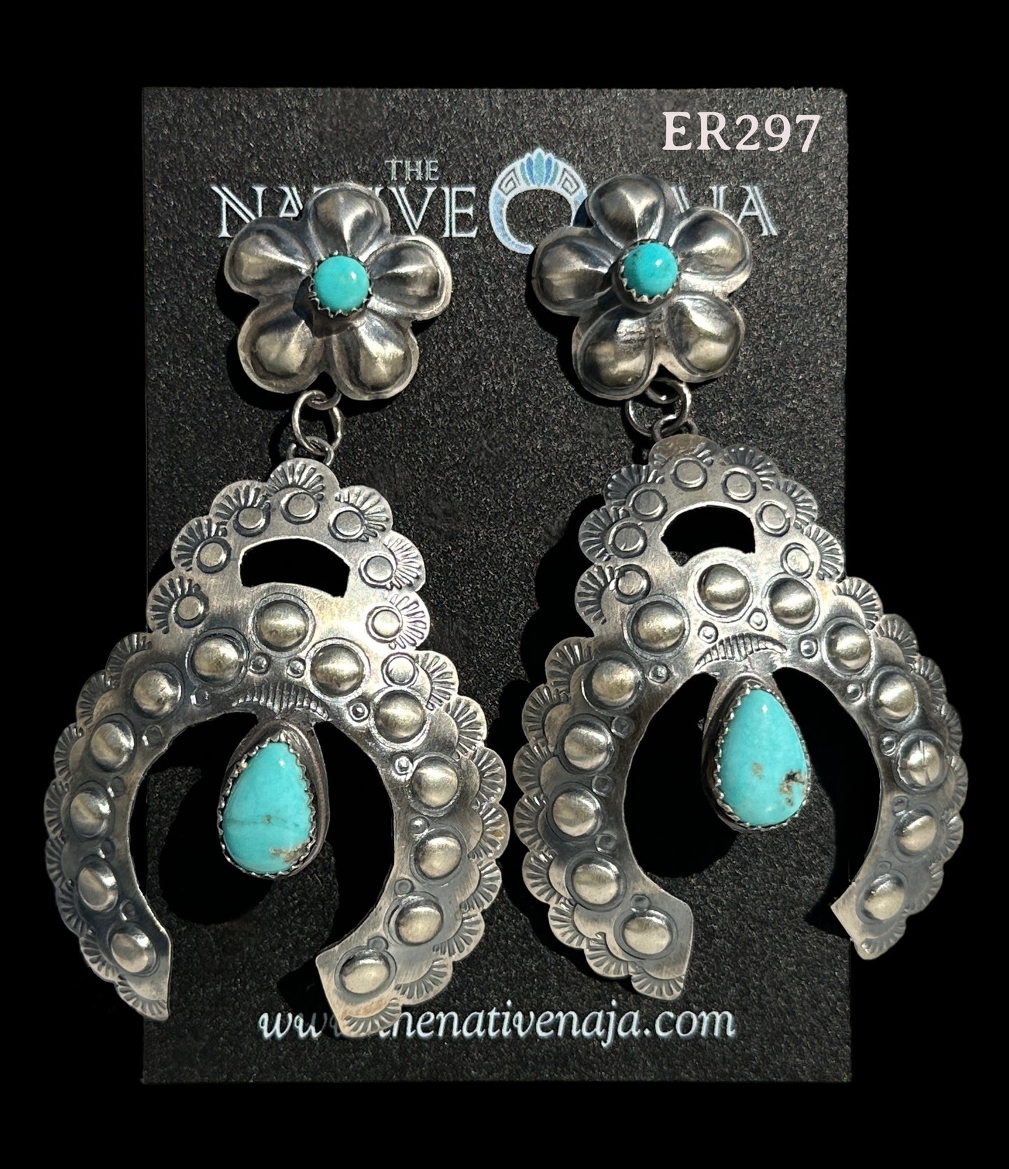 Navajo Gabrielle Yazzie Kingman Turquoise & Sterling Silver Floral Post Naja Earrings ER297