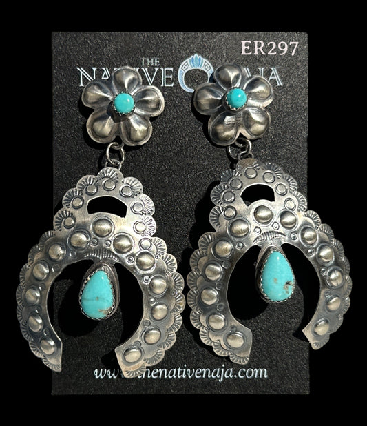 Navajo Gabrielle Yazzie Kingman Turquoise & Sterling Silver Floral Post Naja Earrings ER297