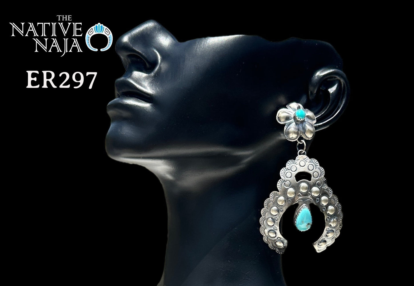 Navajo Gabrielle Yazzie Kingman Turquoise & Sterling Silver Floral Post Naja Earrings ER297