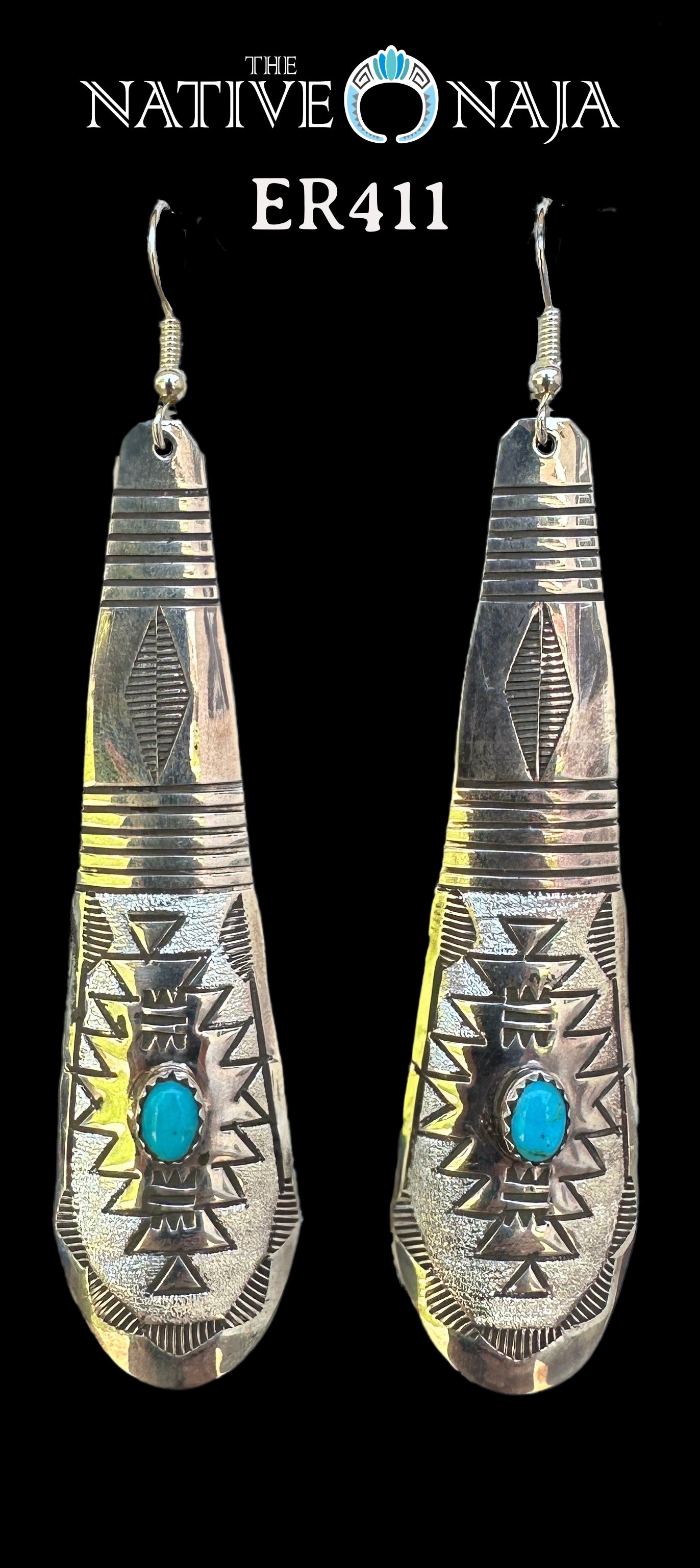 Navajo Rhonda Largo Hand Stamped Large Sterling Silver & Kingman Turquoise Teardrop French Hook Earrings ER411