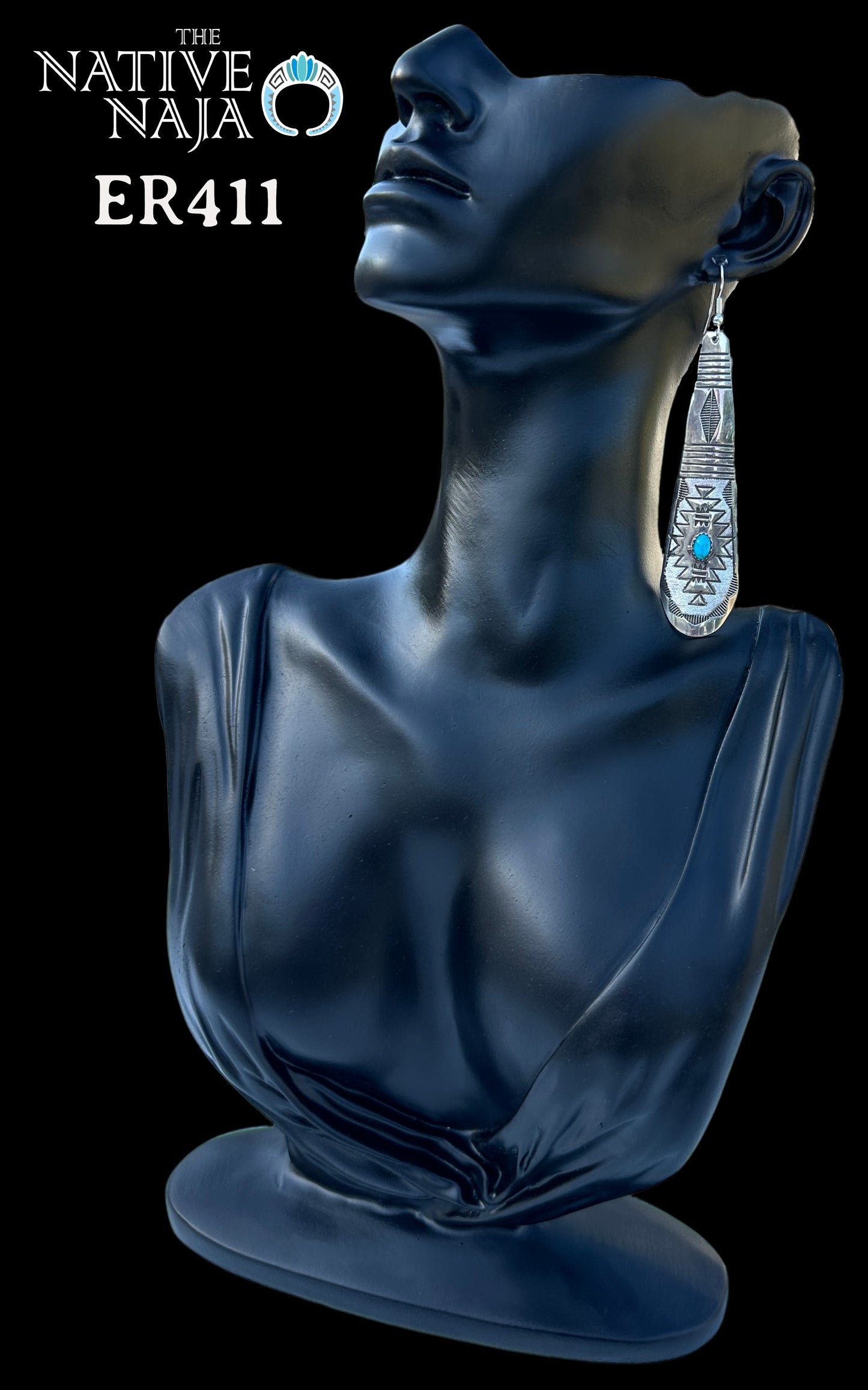 Navajo Rhonda Largo Hand Stamped Large Sterling Silver & Kingman Turquoise Teardrop French Hook Earrings ER411