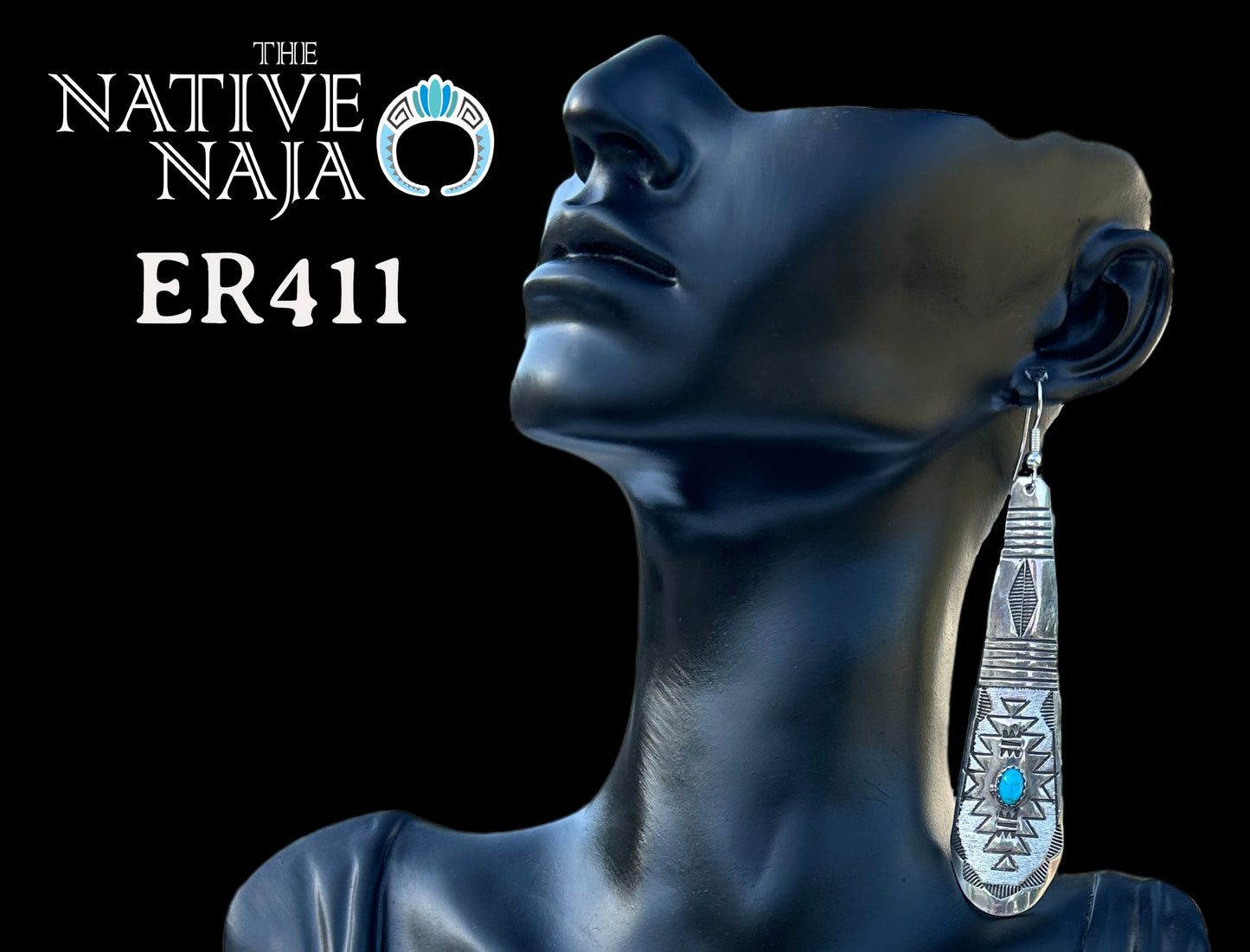 Navajo Rhonda Largo Hand Stamped Large Sterling Silver & Kingman Turquoise Teardrop French Hook Earrings ER411