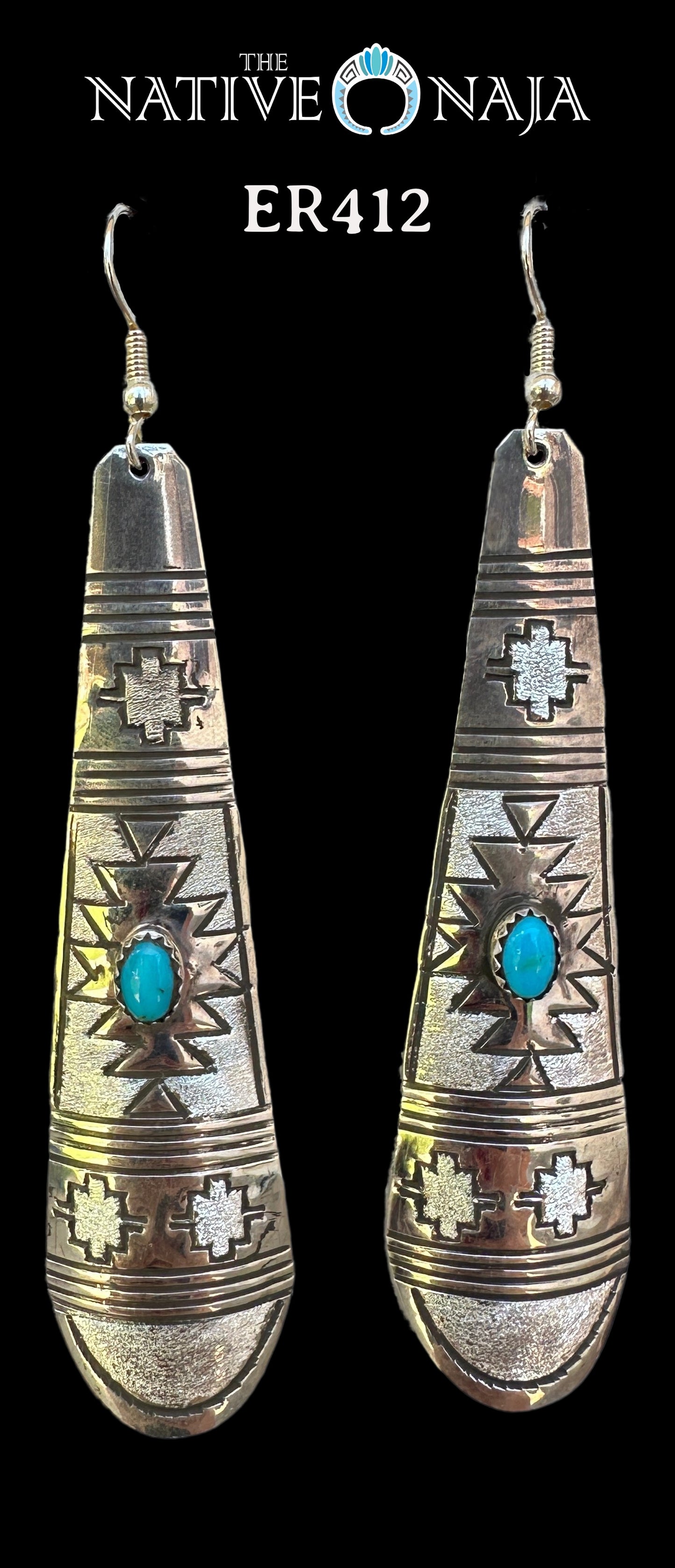 Navajo Rhonda Largo Hand Stamped Large Sterling Silver & Kingman Turquoise Teardrop French Hook Earrings ER412
