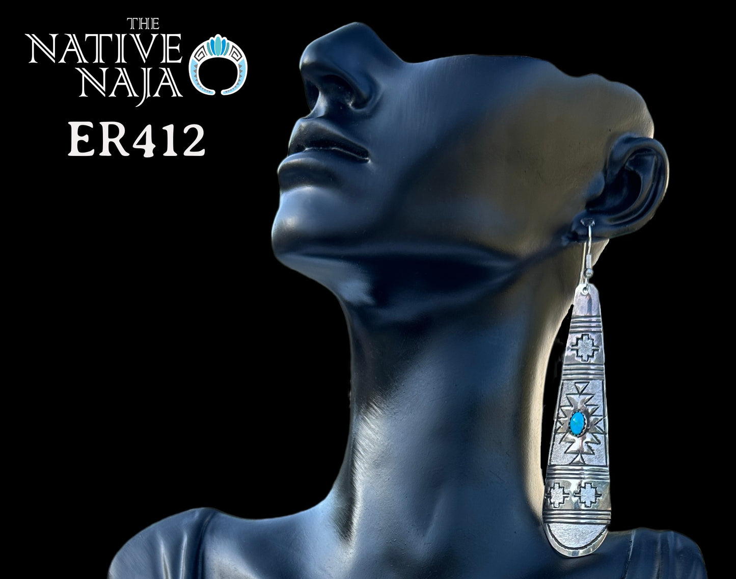 Navajo Rhonda Largo Hand Stamped Large Sterling Silver & Kingman Turquoise Teardrop French Hook Earrings ER412
