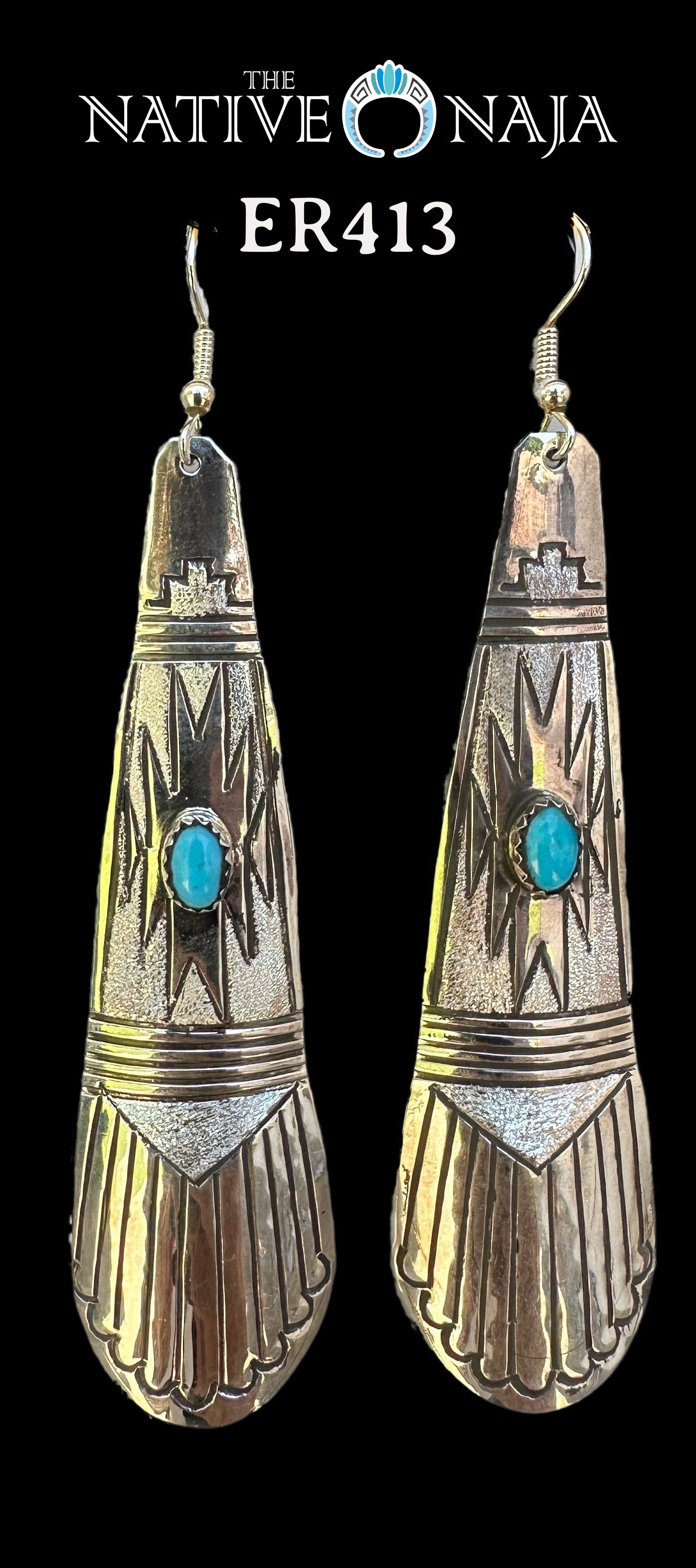 Navajo Rhonda Largo Hand Stamped Large Sterling Silver & Kingman Turquoise Teardrop French Hook Earrings ER413