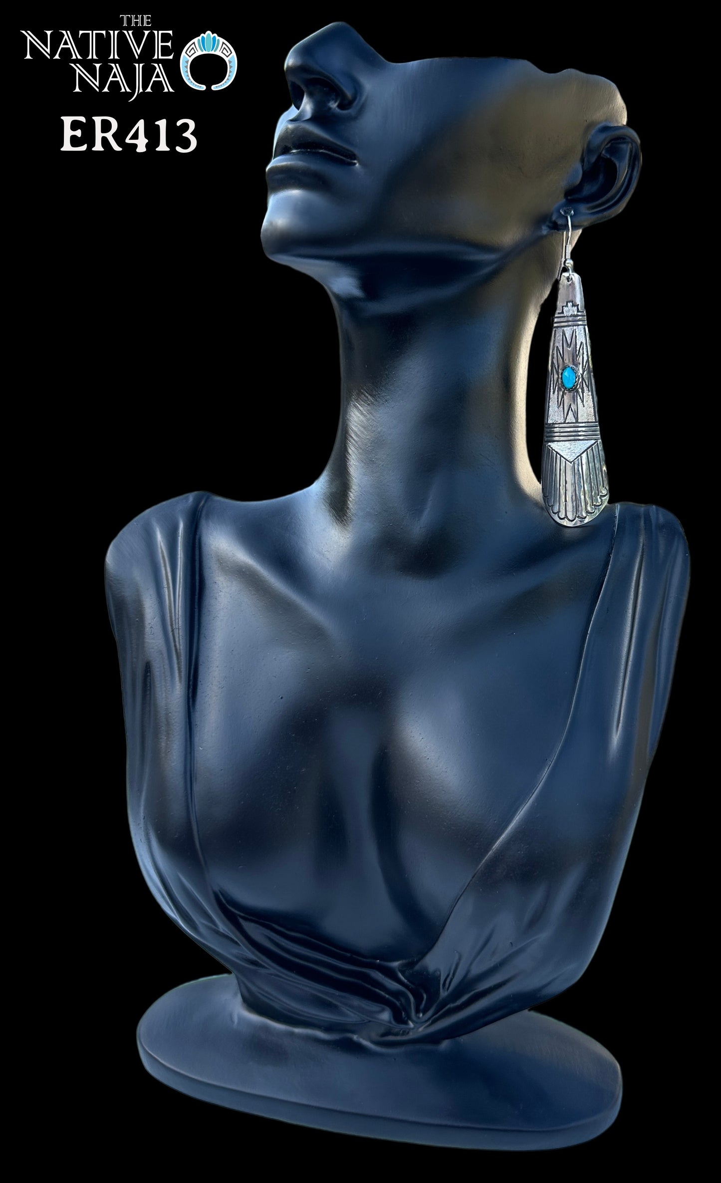 Navajo Rhonda Largo Hand Stamped Large Sterling Silver & Kingman Turquoise Teardrop French Hook Earrings ER413