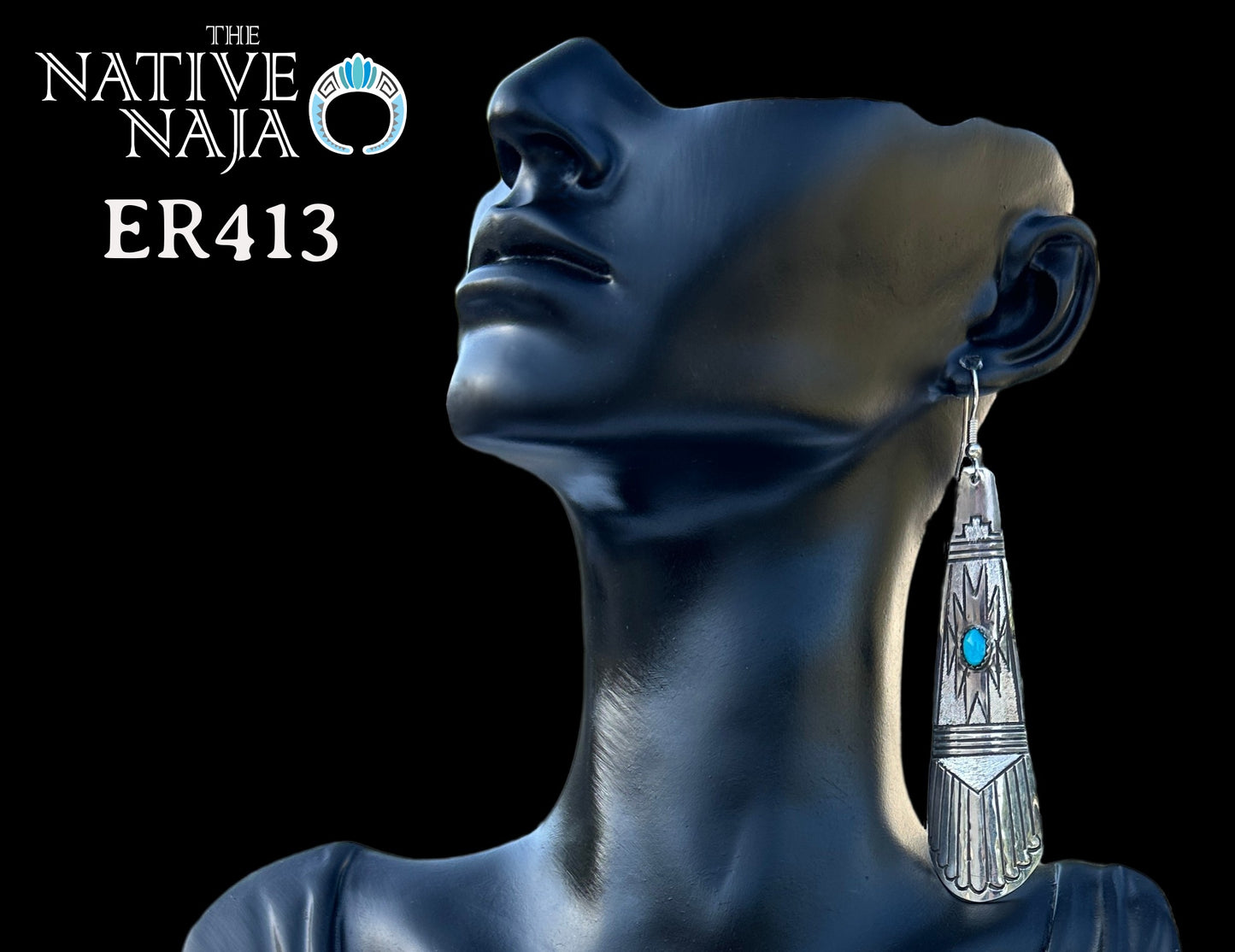 Navajo Rhonda Largo Hand Stamped Large Sterling Silver & Kingman Turquoise Teardrop French Hook Earrings ER413