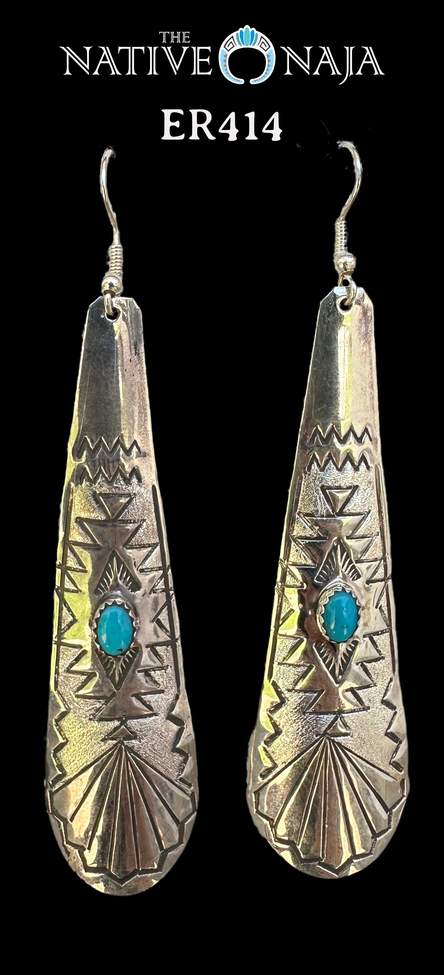 Navajo Rhonda Largo Hand Stamped Large Sterling Silver & Kingman Turquoise Teardrop French Hook Earrings ER414