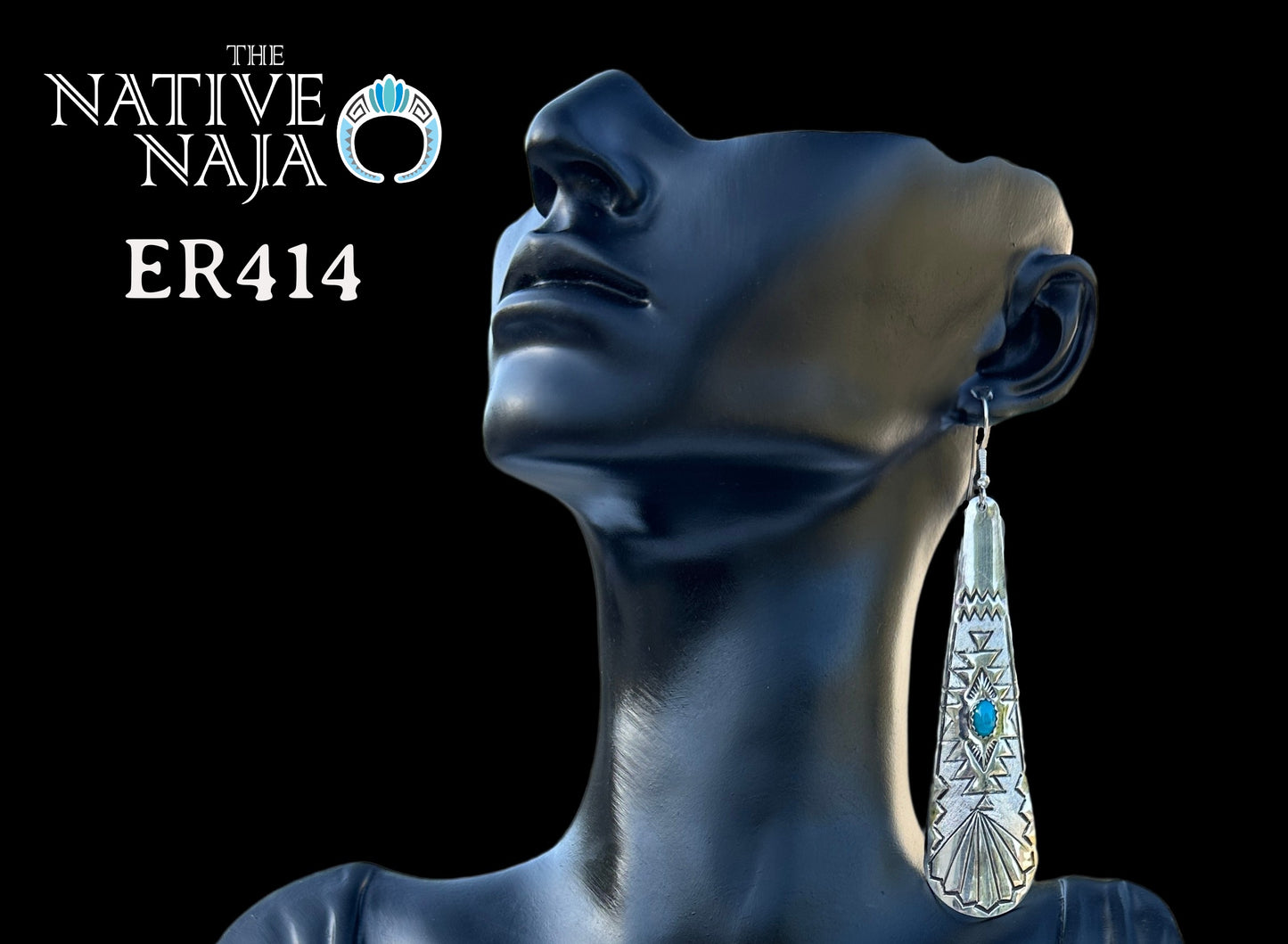 Navajo Rhonda Largo Hand Stamped Large Sterling Silver & Kingman Turquoise Teardrop French Hook Earrings ER414