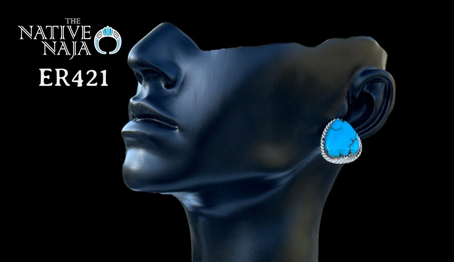 Navajo Artist Virginia Cadman Large Sterling Silver & Rare Egyptian Turquoise Post Earrings ER421