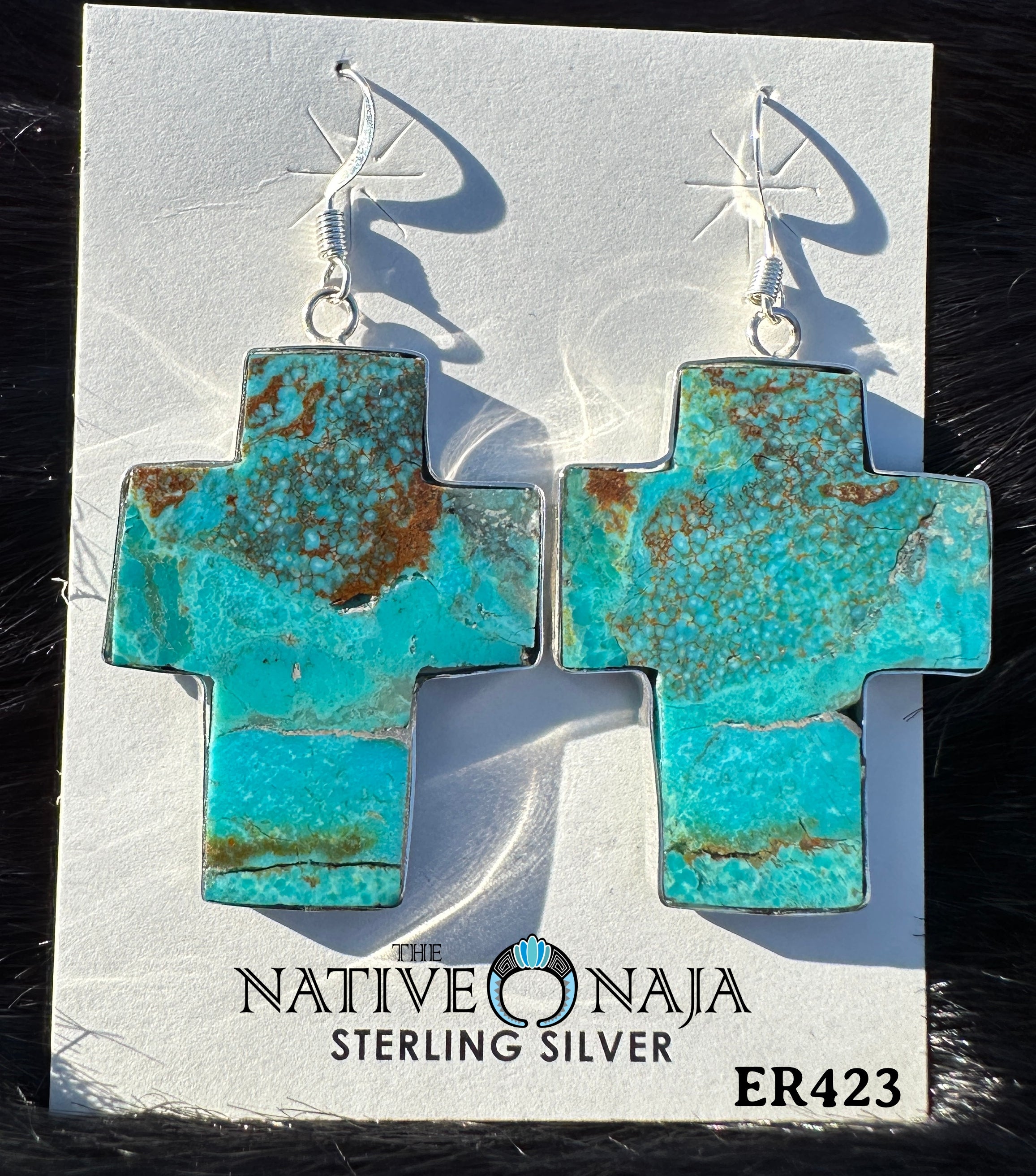Navajo Sterling Silver Wrapped Composite Turquoise Slab French Hook Cross Earrings ER423