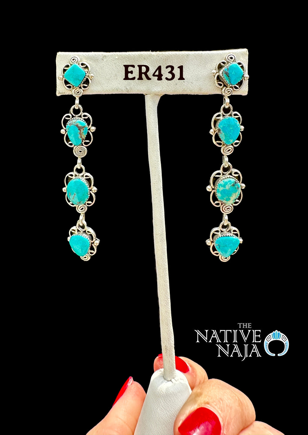 Stunning Navajo Rosella Paxton Dangle Drop Sterling Silver & Kingman Turquoise Post Earrings ER431