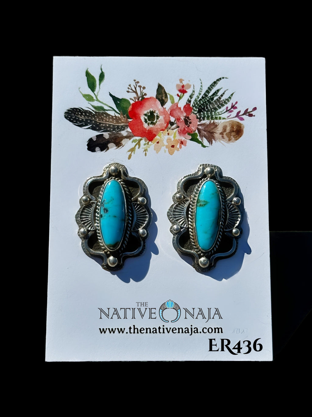 Navajo Artist Sterling Silver & Kingman Turquoise Post Earrings ER436