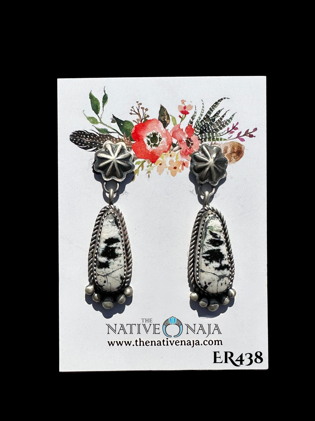 Navajo Artist La Rose Ganadonegro Sterling Silver & White Buffalo Post Drop Earrings ER438
