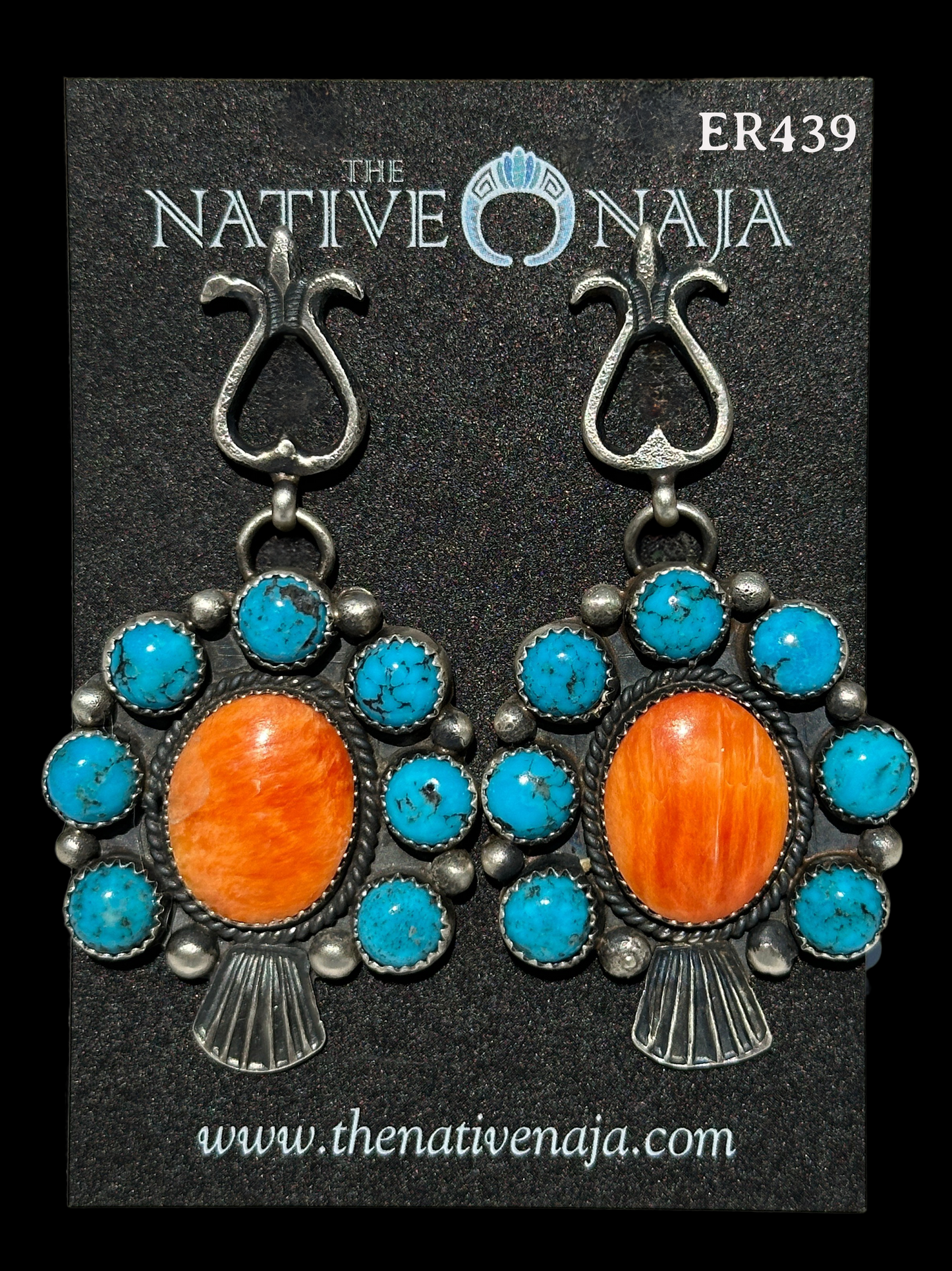 Navajo Artist Eva Linberg Billah Sterling Silver Kingman Turquoise & Spiny Oyster Post Drop Earrings ER439