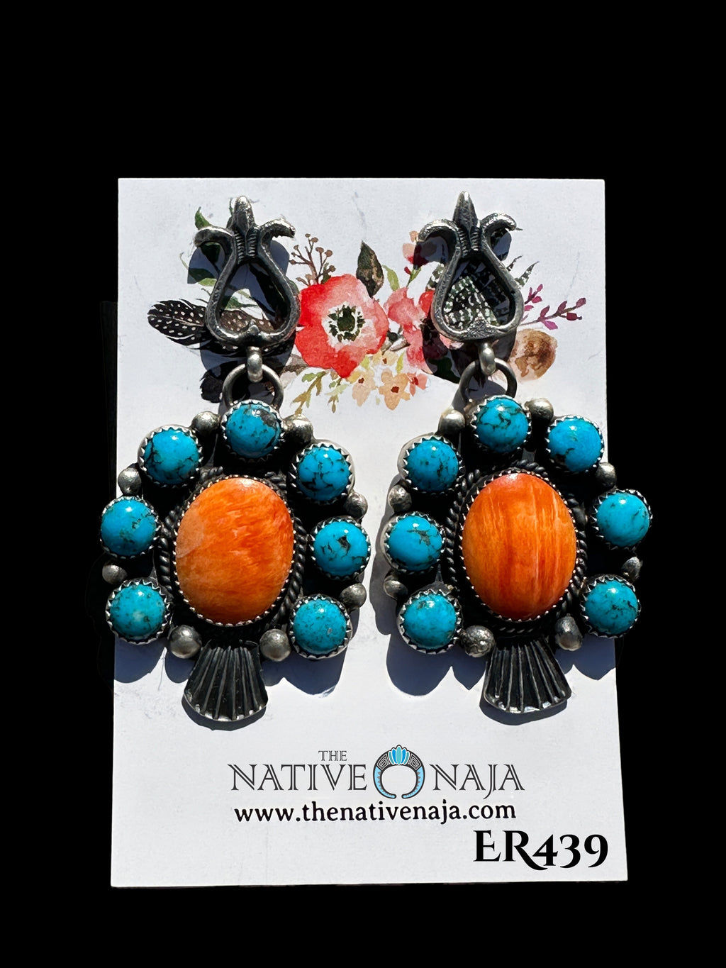 Navajo Artist Eva Linberg Billah Sterling Silver Kingman Turquoise & Spiny Oyster Post Drop Earrings ER439