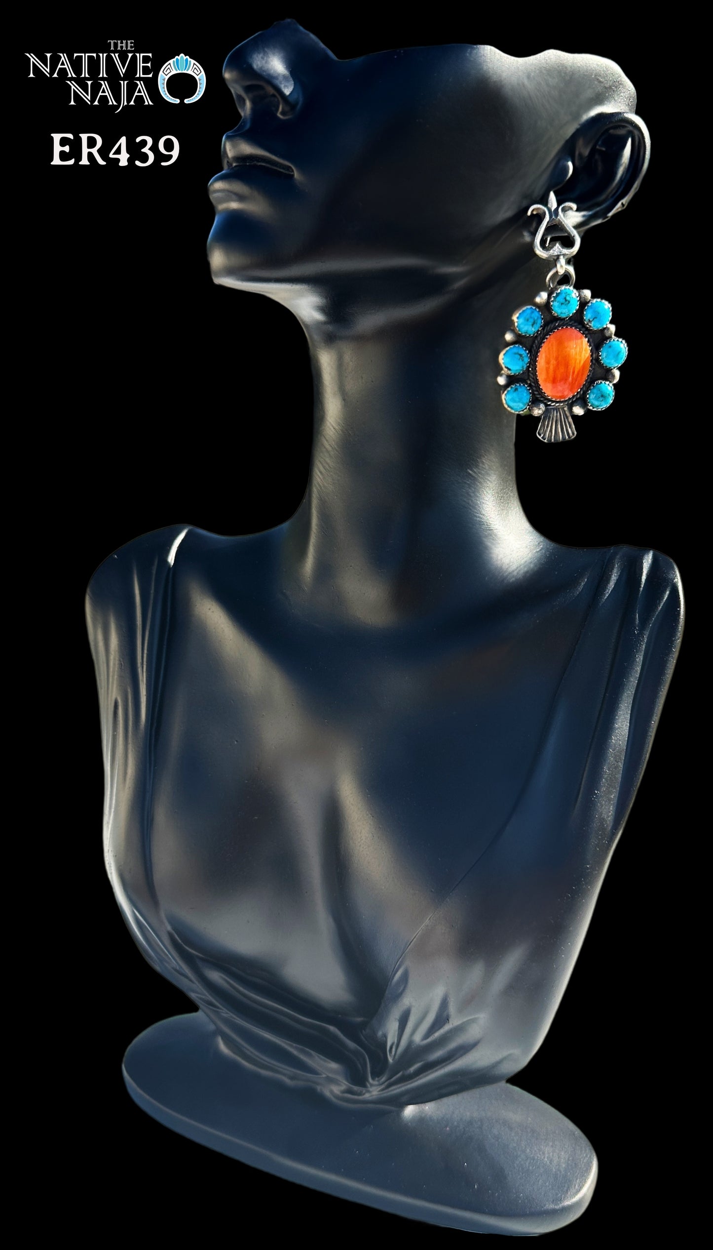 Navajo Artist Eva Linberg Billah Sterling Silver Kingman Turquoise & Spiny Oyster Post Drop Earrings ER439