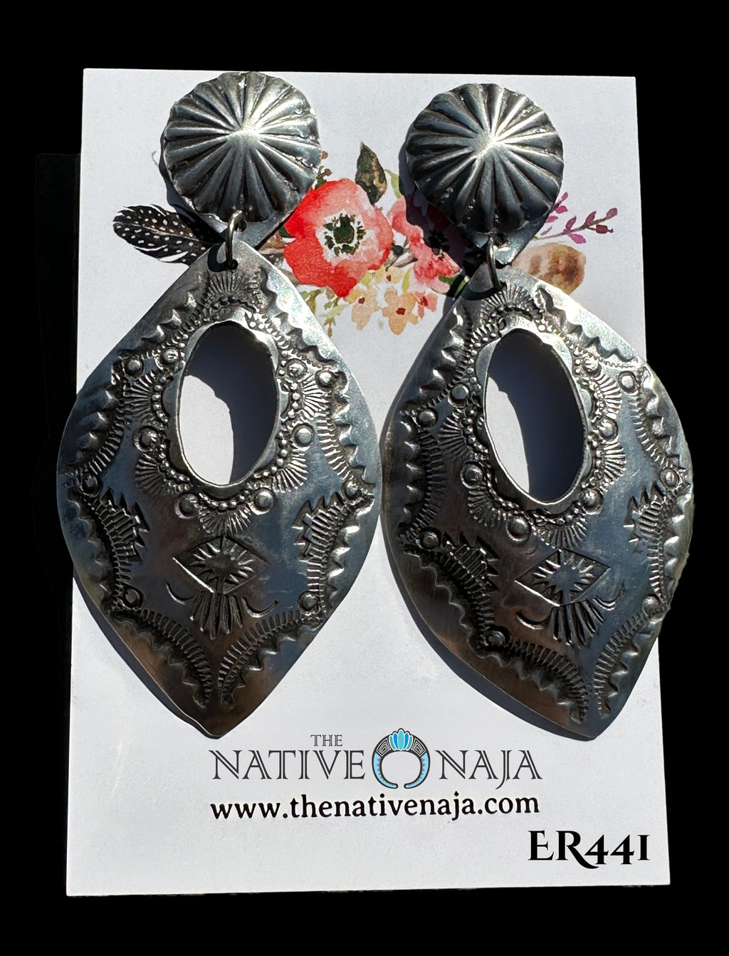 Navajo Artist Vincent J Platero Hand Stamped Sterling Silver Concho Post Drop Earrings ER441