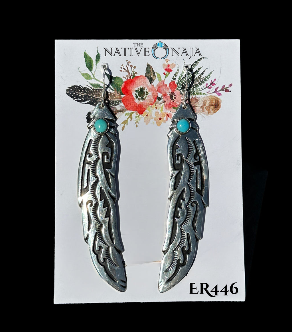 Navajo Hand Carved Stamped Sterling Silver & Turquoise French Hook Feather Earrings ER446