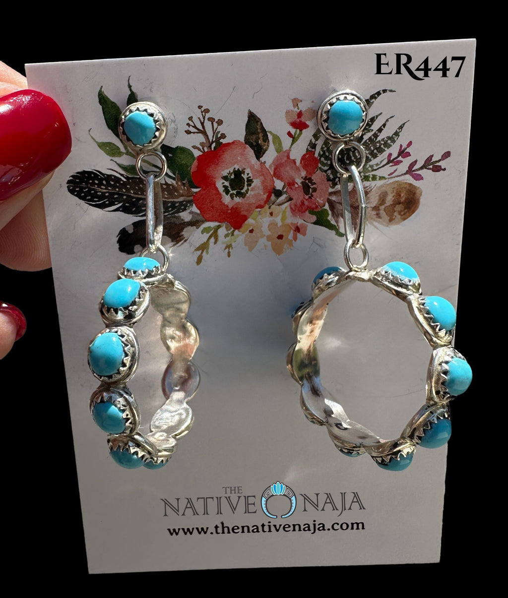Zuni Artist Carol Allapowa Sterling Silver & Kingman Turquoise Post Hoop Earrings ER447