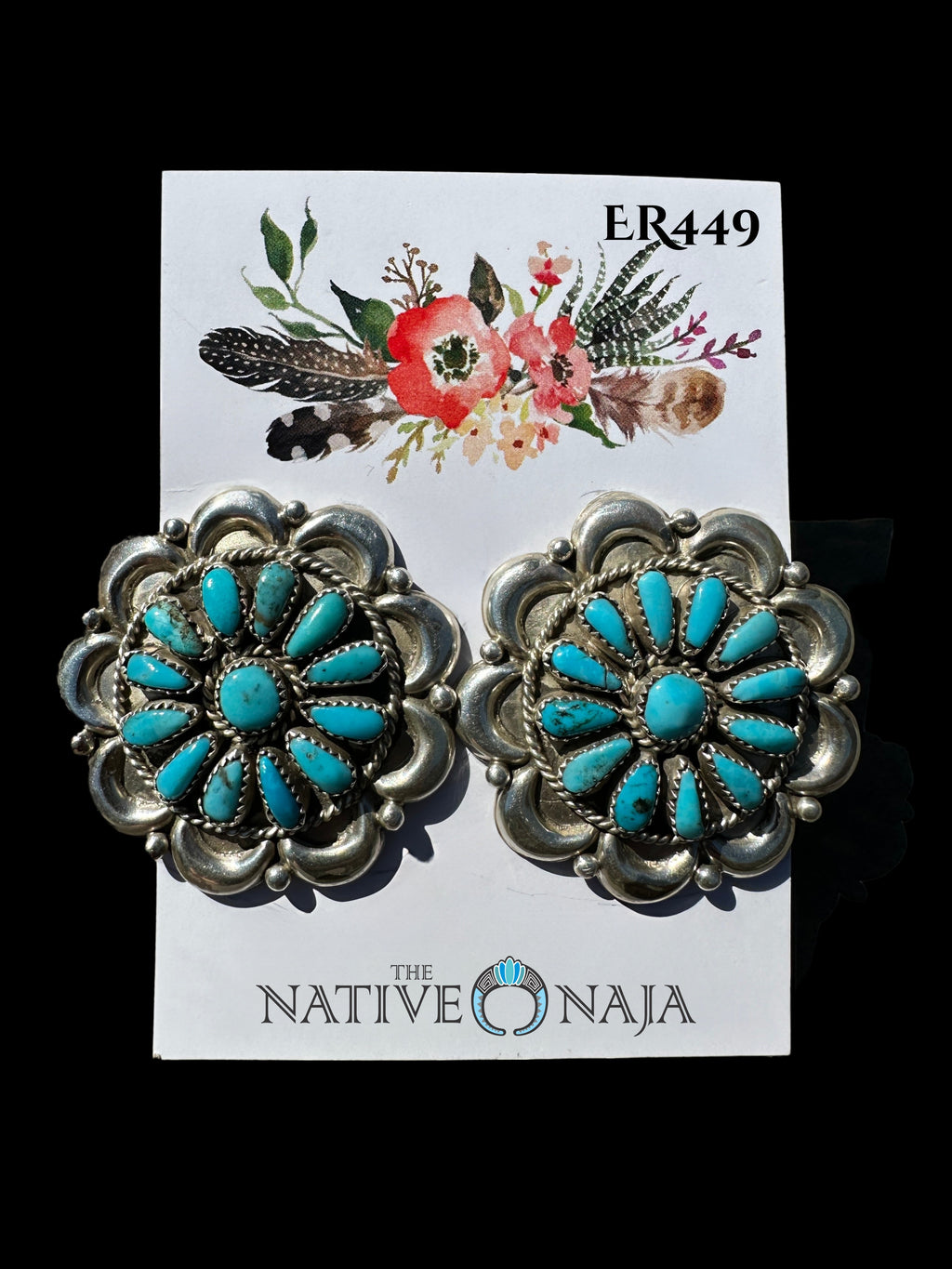 Large Zuni Artist Eunice Wilson Sterling Silver & Petit Point Kingman Turquoise Post Earrings ER449