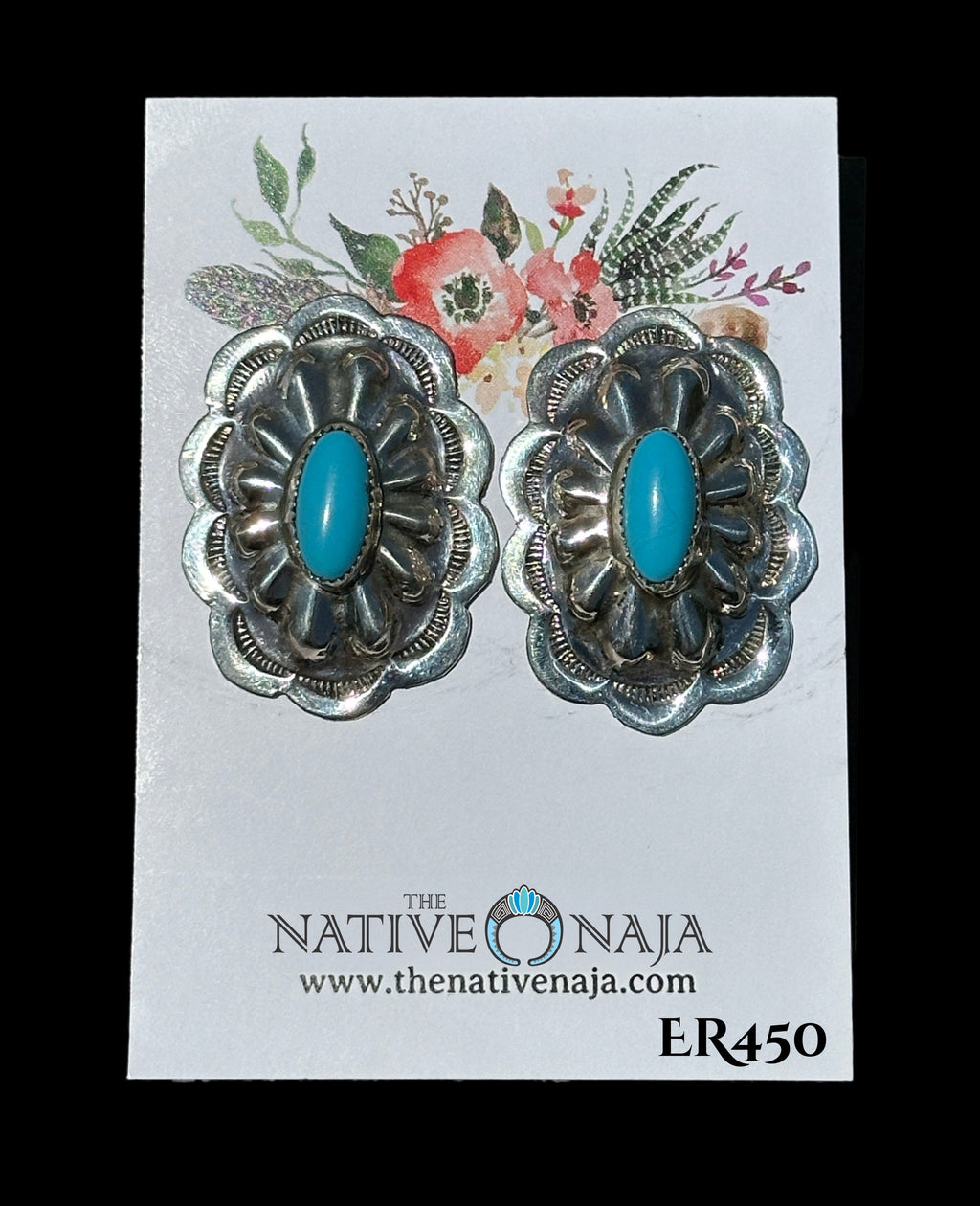 Navajo Artist Betty Gilmore Hand Stamped Sterling Silver & Kingman Turquoise Concho Post Earrings ER450