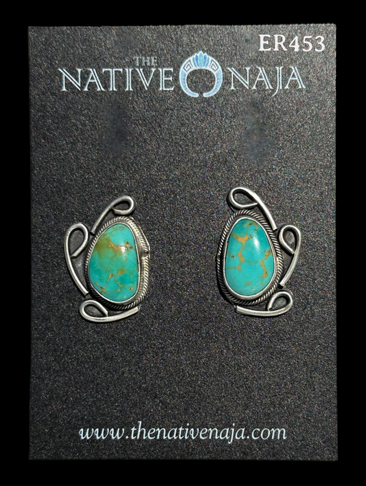Navajo Artist Signed Large Sterling Silver & Kingman Turquoise Post Earrings ER453