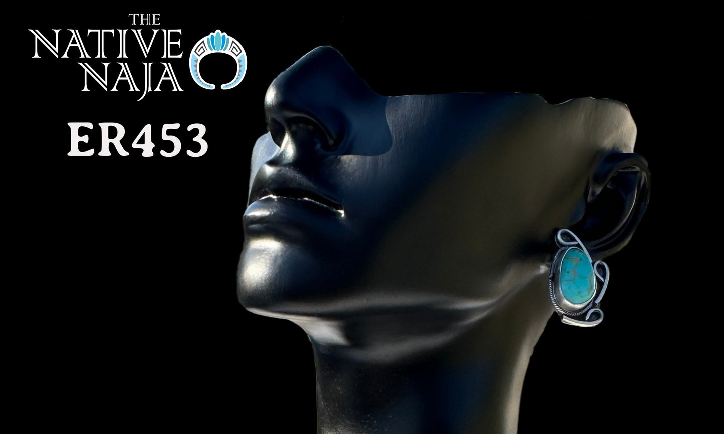 Navajo Artist Signed Large Sterling Silver & Kingman Turquoise Post Earrings ER453