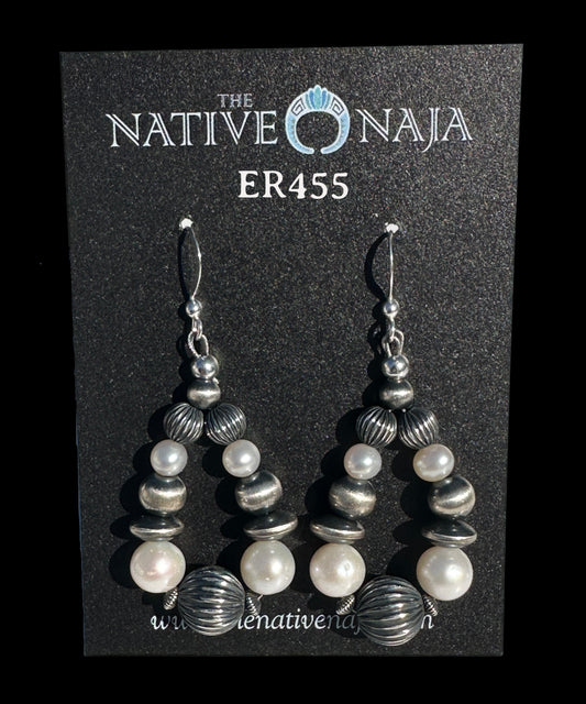 Sterling Silver Navajo Pearls & Fresh Water Pearls French Hook Hoop Earrings ER455