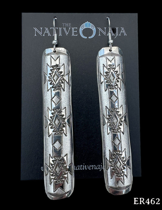 Navajo Florence Tahe Large Hand Stamped Sterling Silver French Hook Earrings ER462