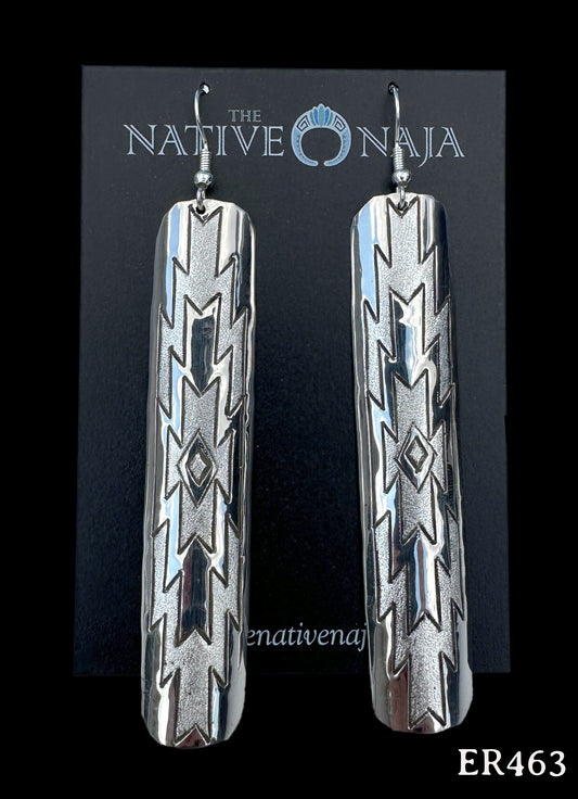 Navajo Florence Tahe Large Hand Stamped Sterling Silver French Hook Earrings ER463