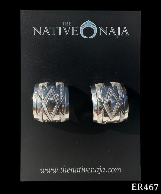 Navajo Florence Tahe Hand Stamped Sterling Silver Half Hoop Post Earrings ER467