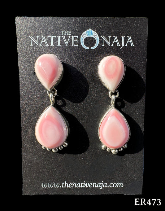 Navajo Pansy Johnson Pink Queen Conch Shell & Sterling Silver Post Dangle Earrings ER473
