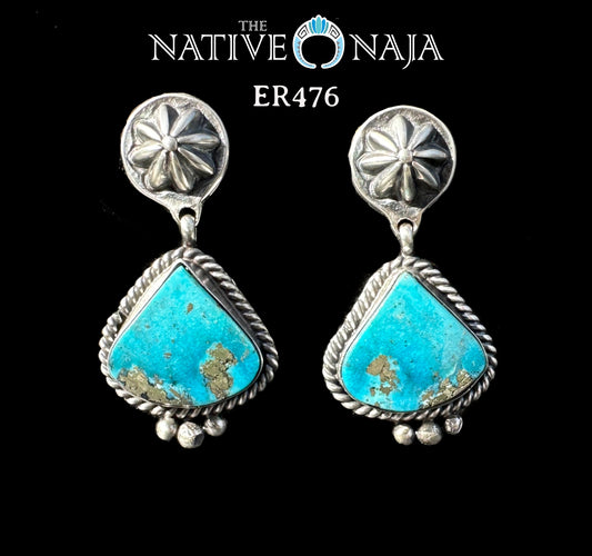 Navajo Robinson Martinez Sterling Silver & Kingman Turquoise Post Dangle Earrings ER476