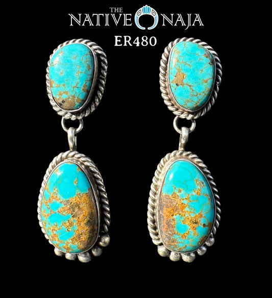 Navajo Freda Martinez Sterling Silver & Kingman Turquoise Post Dangle Earrings ER480