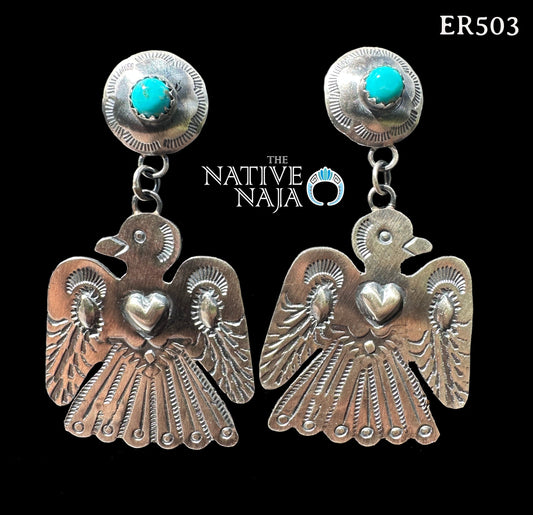 Navajo Gabrielle Yazzie Sterling Silver & Turquoise Hand Stamped Thunderbird Post Earrings ER503