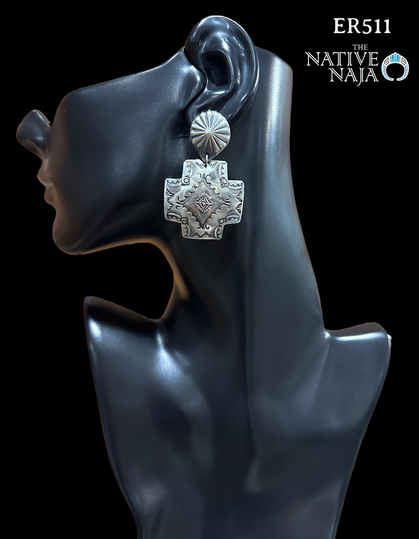 Navajo Vincent Platero Large Cross Hand Stamped Post Concho Earrings ER511