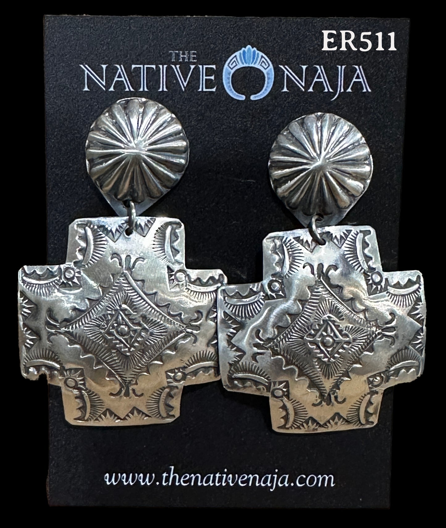 Navajo Vincent Platero Large Cross Hand Stamped Post Concho Earrings ER511